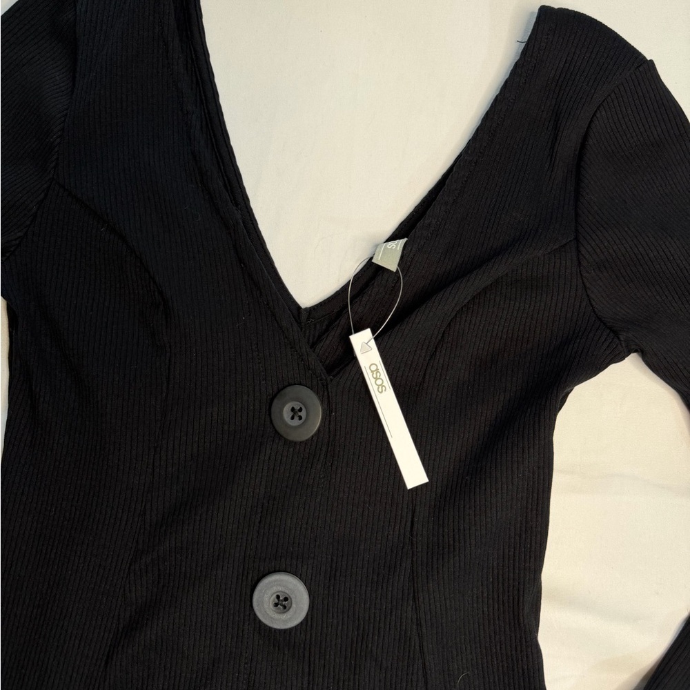 NWT ASOS Black Ribbed Knit Fit & Flare Button Front V-Neck Long Sleeve Dress - Picture 2 of 6